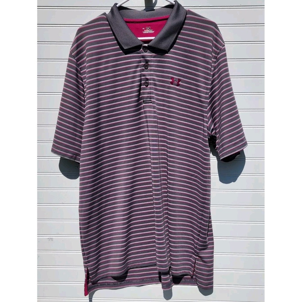 Mens Size XL Under Armour Heat Gear Striped Golf Polo Athletic Shirt Purple